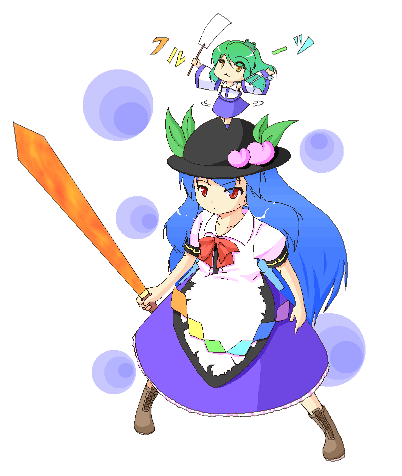 urushi, hinanawi tenshi, kochiya sanae, touhou, 2girls, blue hair, boots, chibi, detached sleeves, female focus, food, frog, fruit, gohei, green hair, hat, long hair, multiple girls, peach, red eyes, short hair, simple background, snake, standing, sword, sword of hisou, weapon, white background, yellow eyes