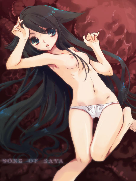mitsubachi koucha, saya (saya no uta), saya no uta, bad id, bad pixiv id, 1girl, armpits, barefoot, blue eyes, female focus, flat chest, long hair, lying, panties, ribs, solo, topless female, underwear, underwear only, white panties