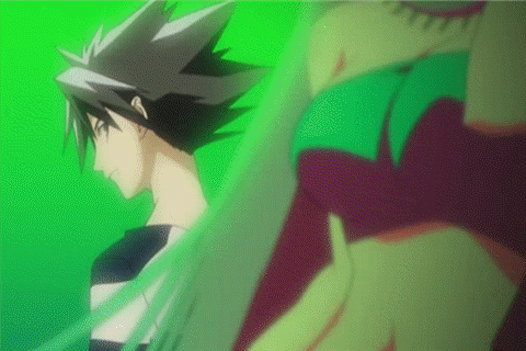 jing, kirsch (jing king of bandits), jing king of bandits, animated, animated gif, anime screenshot, looping animation, lowres, 1boy, 1girl, dancing, green background, green theme, jewelry, long hair, male focus, midriff, necklace, prison clothes, simple background, strapless, tube top