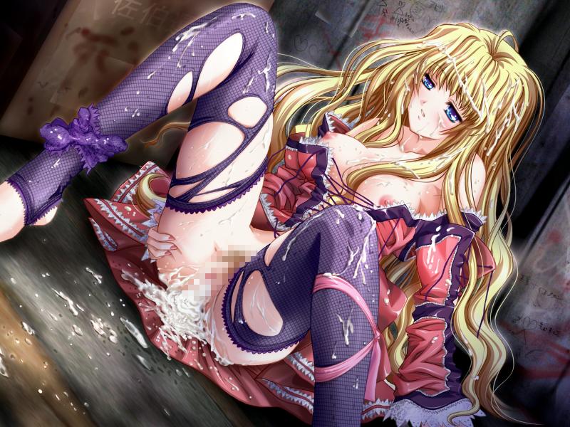 ass grab, artist request, character request, source request, aftersex, alley, ass, blonde hair, blue eyes, breasts, breasts out, bukkake, censored, cum, cum on body, cum on breasts, cum on clothes, cum on hair, cum on upper body, cum pool, facial, long hair, nail polish, nipples, open clothes, open shirt, panties, panties around leg, rape, shirt, thighhighs, torn clothes, underwear
