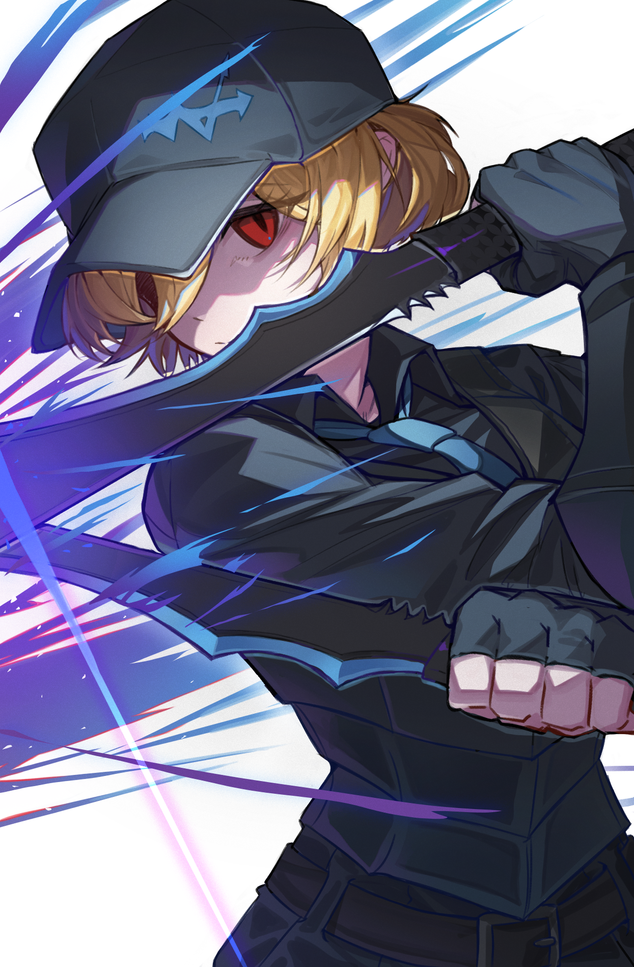 jeehyung seo, don quixote (project moon), limbus company, project moon, highres, 1girl, baseball cap, belt, black gloves, black shirt, black vest, blonde hair, blue necktie, collared shirt, dagger, dual wielding, fingerless gloves, gloves, hat, holding, holding dagger, holding knife, holding weapon, knife, long sleeves, looking at viewer, multiple weapons, necktie, one eye covered, pants, red eyes, shirt, short hair, solo, vest, w corp. (identity) (project moon), weapon, white background