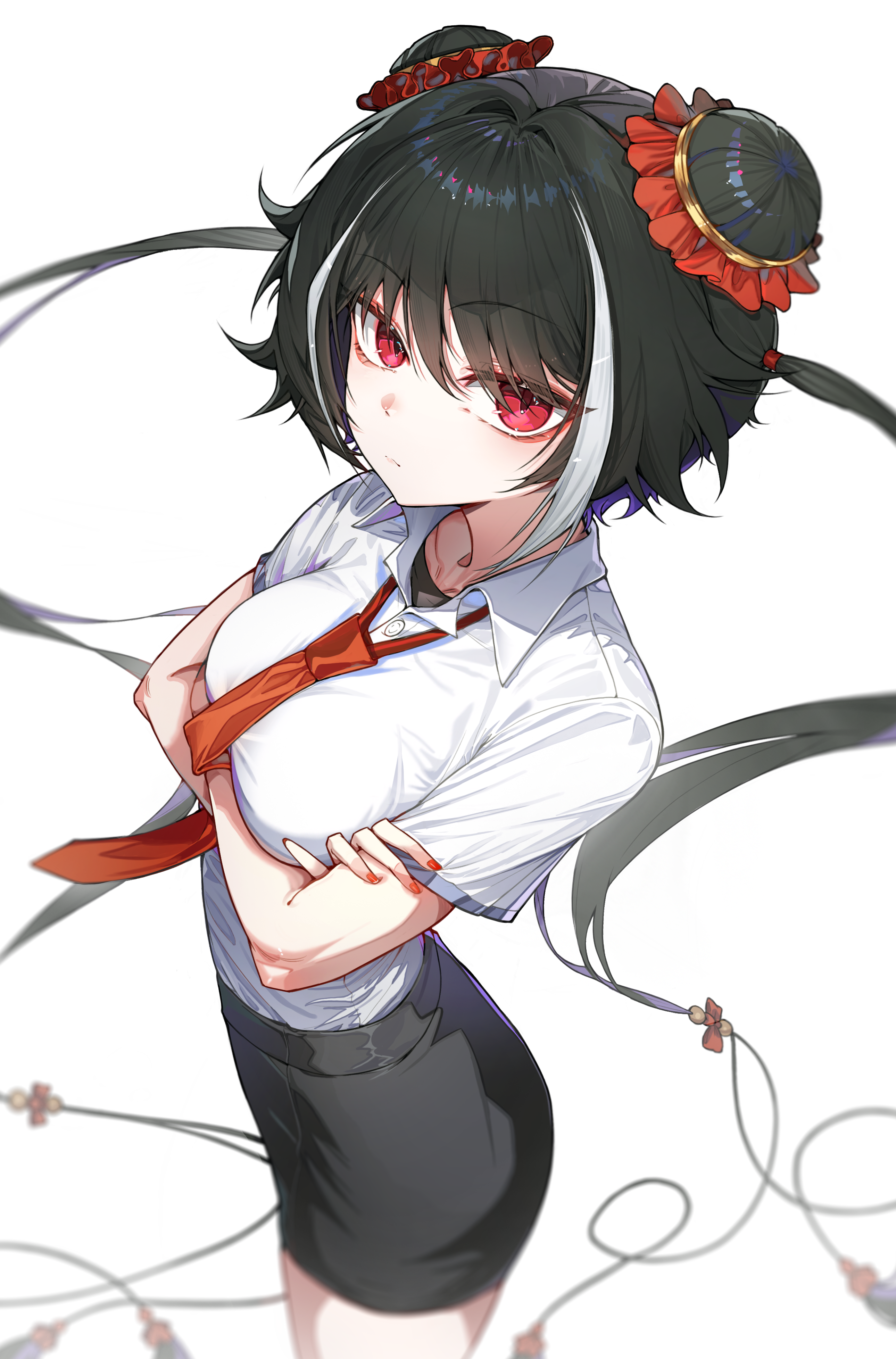 jeehyung seo, jia xichun (project moon), limbus company, project moon, absurdres, highres, 1girl, alternate costume, black hair, black skirt, breasts, collared shirt, cowboy shot, crossed arms, double bun, hair bun, long hair, looking at viewer, multicolored hair, necktie, pink eyes, red necktie, shirt, simple background, skirt, solo, standing, streaked hair, twintails, white background, white shirt