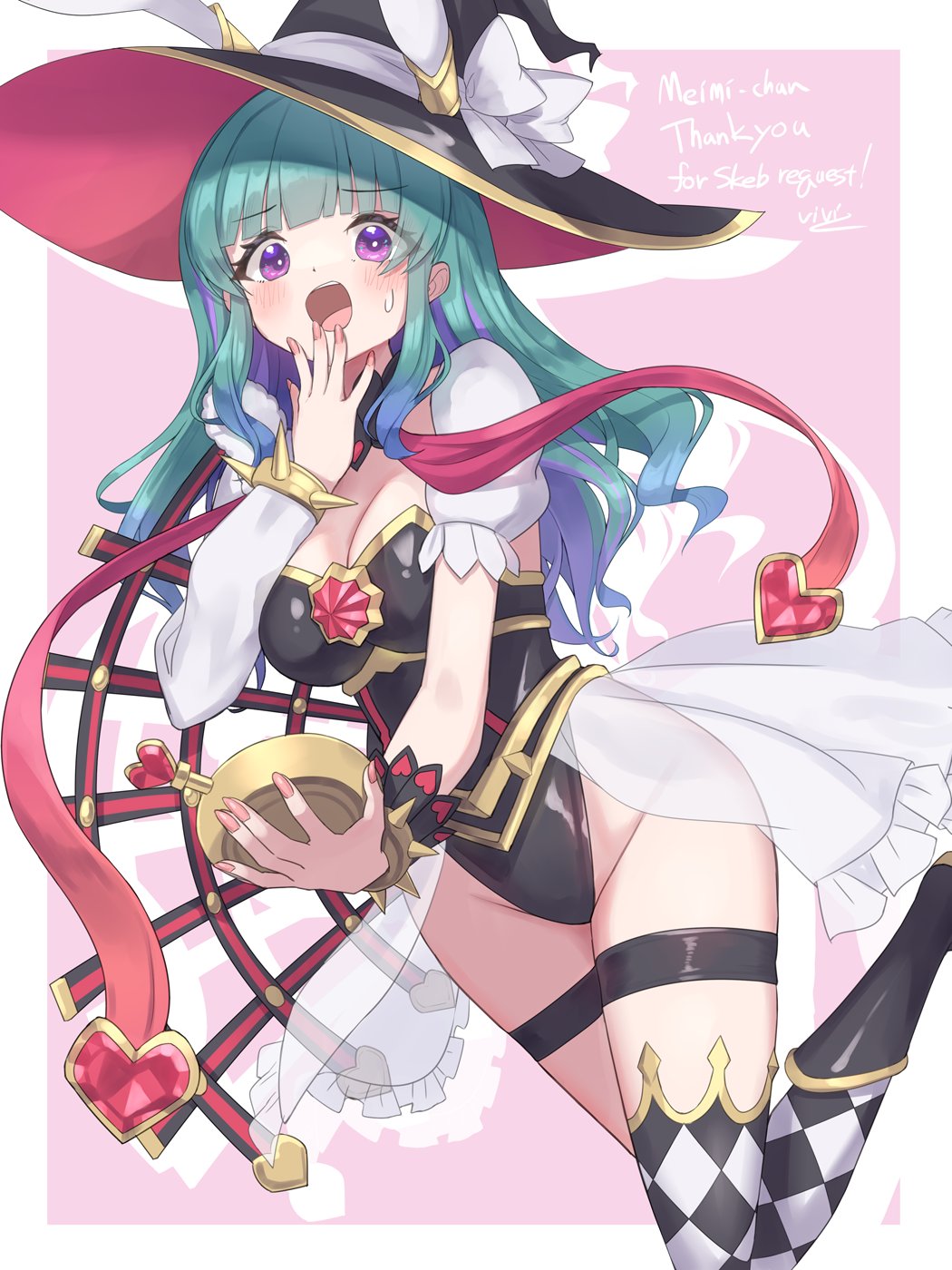 memento vivi, majokko meimi, maliss <p> white rabbit, glitch stars, yu-gi-oh!, highres, 1girl, animal ears, asymmetrical clothes, asymmetrical legwear, asymmetrical sleeves, black leotard, blush, bow, breasts, checkered thighhighs, cleavage, cosplay, green hair, hat, heart, holding, holding pocket watch, leotard, long hair, long sleeves, maliss <p> white rabbit (cosplay), medium breasts, multicolored hair, open mouth, pink nails, pocket watch, purple eyes, purple hair, rabbit ears, short sleeves, solo, sweat, thigh strap, watch, white bow, witch hat