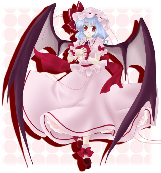gyokurocha, remilia scarlet, touhou, bad id, bad pixiv id, 1girl, bat wings, blue hair, female focus, full body, hat, nail polish, red eyes, short hair, solo, string, string of fate, wings, wrist cuffs