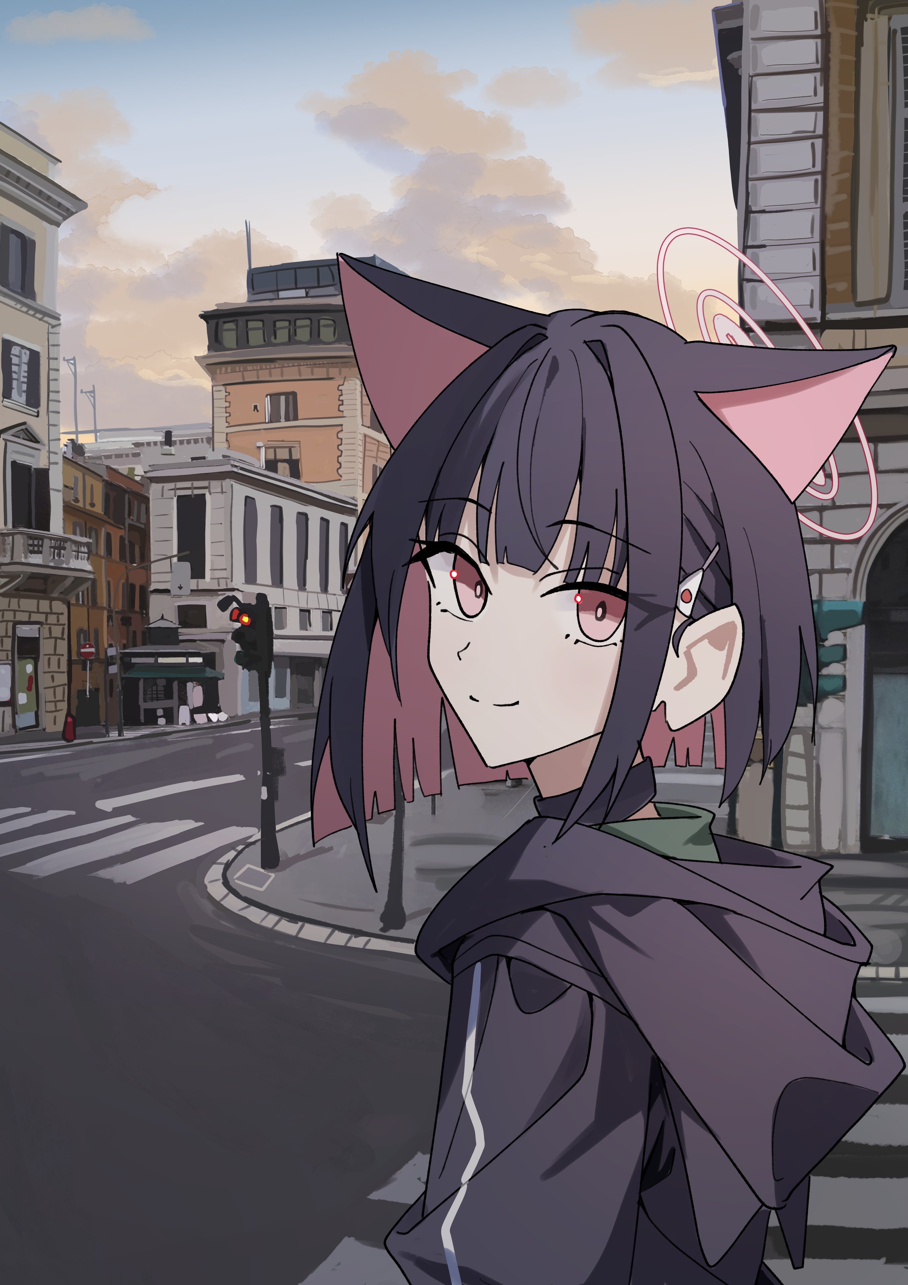 oil sob, kazusa (blue archive), blue archive, absurdres, highres, 1girl, animal ears, black choker, black hair, black jacket, blue sky, building, cat ears, cat girl, choker, city, closed mouth, cloud, colored inner animal ears, colored inner hair, crosswalk, extra ears, gradient sky, hair ornament, halo, hood, hooded jacket, jacket, looking at viewer, looking to the side, multicolored hair, pink hair, pink halo, red eyes, road, short hair, sidewalk, sky, smile, solo, street, sunrise, traffic light, two-tone hair, urban, yellow sky