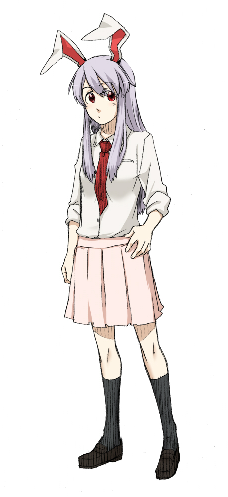 torinone, reisen udongein inaba, touhou, silver hair, 1girl, animal ears, female focus, long hair, necktie, pleated skirt, purple hair, rabbit ears, red eyes, red necktie, shoes, skirt, socks, solo, standing