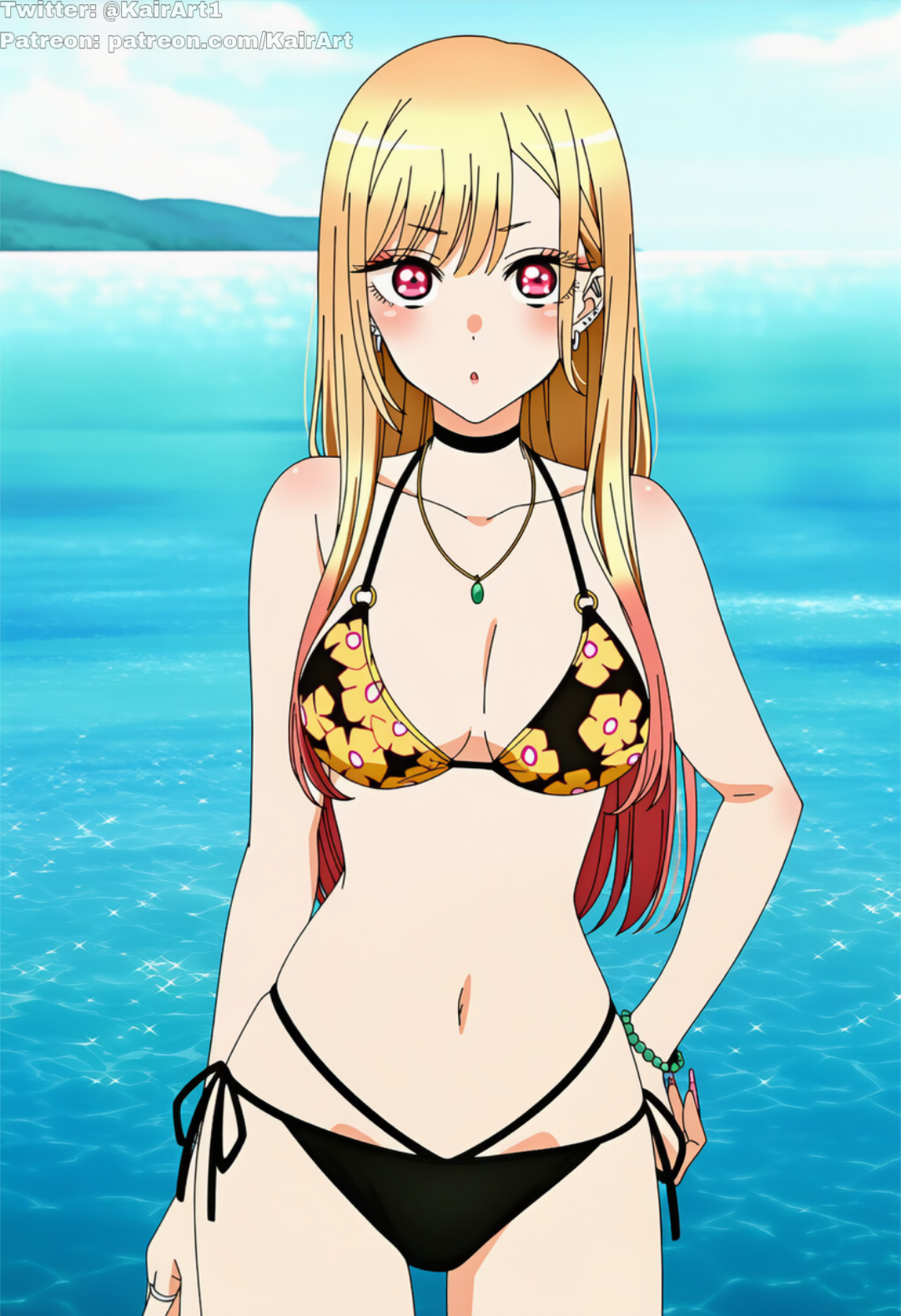 kairart, kitagawa marin, sono bisque doll wa koi wo suru, bad source, highres, official art, third-party edit, 1girl, artist name, bikini, patreon username, standing, swimsuit