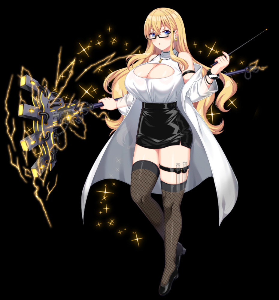 horosuke, choukou (alicesoft), choukou taisen escalation heroines, official art, 1girl, aldebaran (escalation heroines), bare shoulders, black background, blonde hair, blue eyes, breasts, cleavage, cleavage cutout, clothing cutout, fishnet thighhighs, fishnets, full body, glasses, holding, holding pointer, holding staff, lab coat, large breasts, looking at viewer, pointer, solo, staff, tachi-e, thighhighs