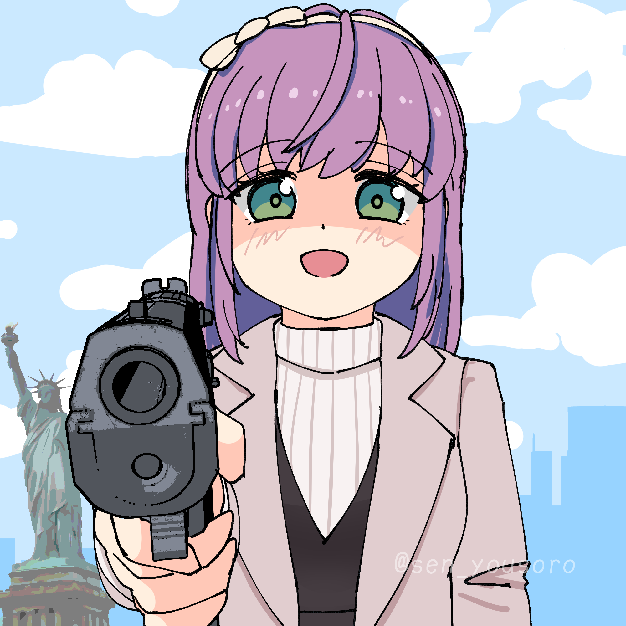 sen yousoro, hanamiya nina, otomune kozue, otomune kozue (winter casual), statue of liberty, link! like! love live!, love live!, commentary, commentary request, english commentary, highres, mixed-language commentary, 1girl, :d, aiming, aiming at viewer, black dress, blue sky, blush, bow, bow hairband, cityscape, cloud, coat, day, dress, false smile, foreshortening, green eyes, grey coat, hairband, long hair, long sleeves, new york city, official alternate costume, open clothes, open mouth, pinafore dress, purple hair, shaded face, sidelocks, sky, sleeveless, sleeveless dress, smile, solo, sweater, turtleneck, turtleneck sweater, upper body, v-neck, virtual youtuber, voice actor connection, white bow, white hairband, white sweater