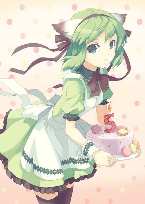 greenwood, h2so4, midori (greenwood), original, 1girl, animal ears, apron, birthday, cake, female focus, food, green eyes, green hair, hair ribbon, matching hair/eyes, pastry, ribbon, solo, thighhighs, waitress