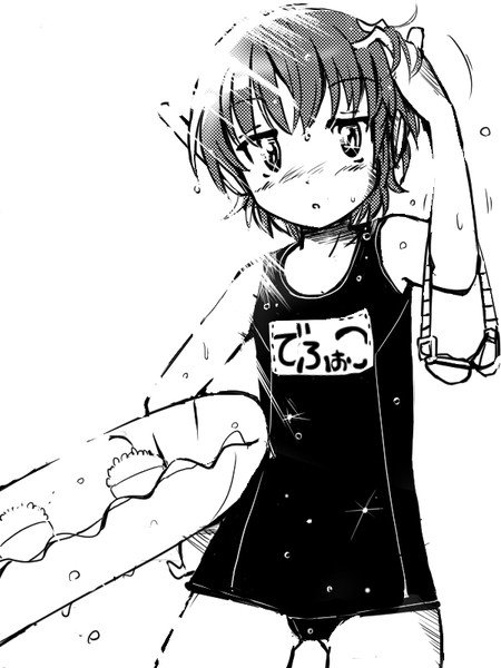 eichi1219, utane uta, utau, commentary request, 1girl, blush, goggles, greyscale, hand in own hair, holding, holding swim ring, innertube, jitome, looking at viewer, monochrome, parted lips, robot ears, school swimsuit, short hair, solo, swim goggles, swim ring, swimsuit, unworn goggles, water drop