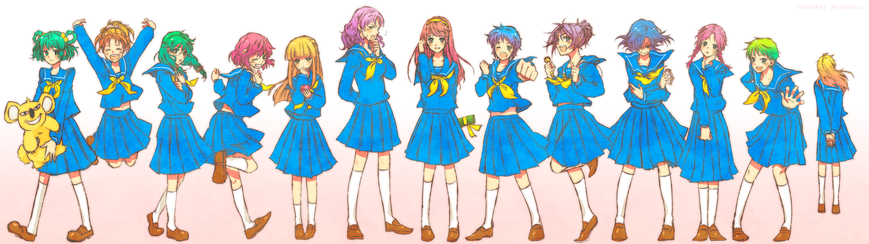 cho (taronana), asahina yuko, fujisaki shiori, himoo yuina, ijuuin rei, kagami mira, katagiri ayako, kisaragi mio, kiyokawa nozomi, koshiki yukari, mikihara megumi, nijino saki, saotome yumi, tatebayashi miharu, tokimeki memorial, tokimeki memorial 1, highres, long image, wide image, 6+girls, back, blonde hair, blue eyes, blue sailor collar, blue skirt, blush, bow, brown hair, chocolate, everyone, from behind, glasses, gradient hair, green eyes, green hair, hair ornament, heart, jumping, koala, laughing, lineup, long hair, low-tied long hair, microphone, midriff, multicolored hair, multiple girls, navel, one eye closed, orange hair, pleated skirt, ponytail, purple eyes, purple hair, red hair, ribbon, sailor collar, school uniform, serafuku, shoes, short hair, skirt, smile, socks, standing, stuffed animal, stuffed toy, twintails, v, wink, yellow bow