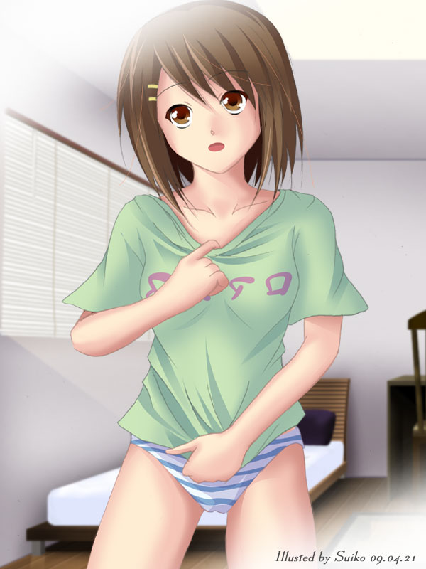 suido koji, hirasawa yui, k-on!, 00s, 1girl, bed, brown eyes, brown hair, chair, female focus, hair ornament, hairclip, indoors, panties, pillow, short hair, solo, striped clothes, striped panties, underwear