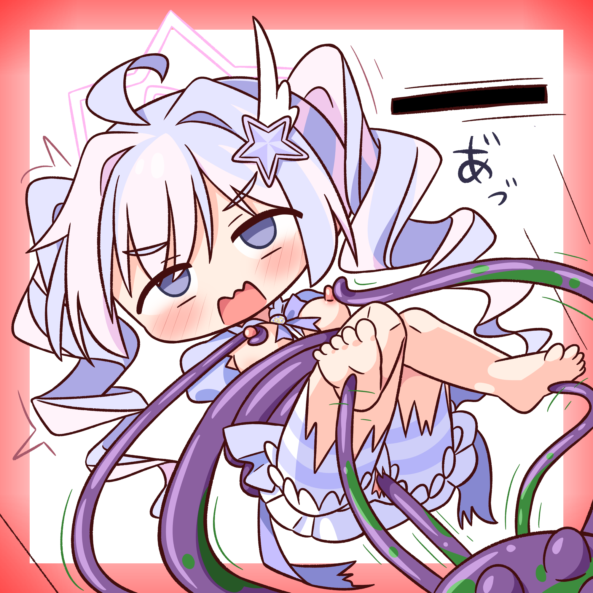 hana kazari, reisa (blue archive), reisa (magical) (blue archive), blue archive, commentary request, highres, translation request, 1girl, ahoge, barefoot, blue dress, blue eyes, blush, border, breasts, dress, full body, halo, long hair, multicolored hair, nipples, official alternate costume, open mouth, outside border, pink hair, pink halo, purple hair, red border, sex, simple background, solo, tentacle sex, tentacles, twintails, two-tone hair, vaginal, white background