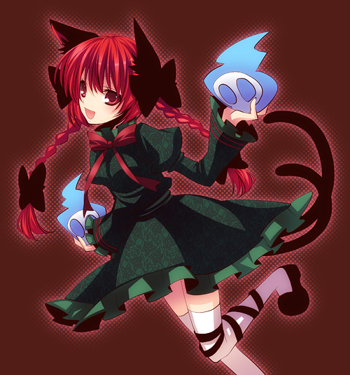 moru, kaenbyou rin, touhou, bad id, bad pixiv id, 1girl, animal ears, braid, cat ears, cat girl, cat tail, female focus, hair ribbon, red eyes, red hair, ribbon, solo, tail, twin braids