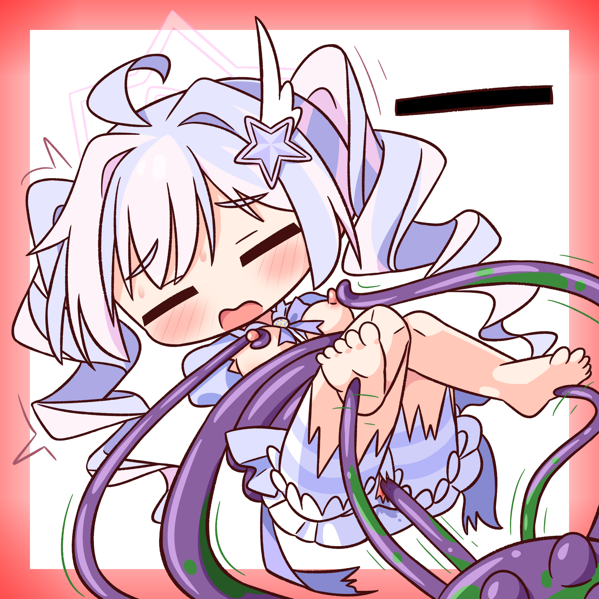hana kazari, reisa (blue archive), reisa (magical) (blue archive), blue archive, commentary request, highres, 1girl, ahoge, barefoot, blue dress, blush, border, breasts, closed eyes, dress, full body, halo, long hair, multicolored hair, nipples, official alternate costume, open mouth, outside border, pink hair, pink halo, purple hair, red border, sex, simple background, solo, tentacle sex, tentacles, twintails, two-tone hair, vaginal, white background
