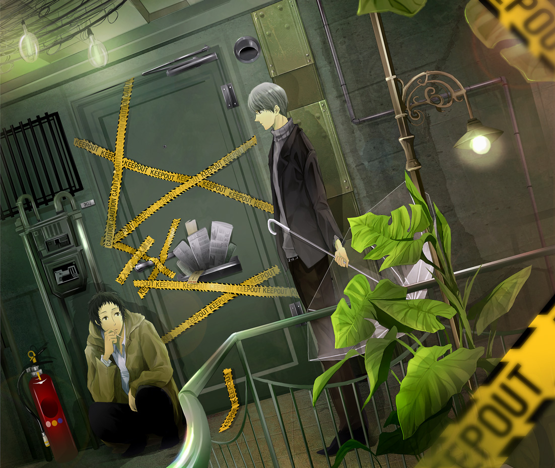 toki-o, adachi tooru, narukami yu, atlus, persona, persona 4, light, bad id, bad pixiv id, 2boys, caution tape, cigarette, fire extinguisher, keep out, male focus, multiple boys, newspaper, raincoat, sitting, smoking, umbrella