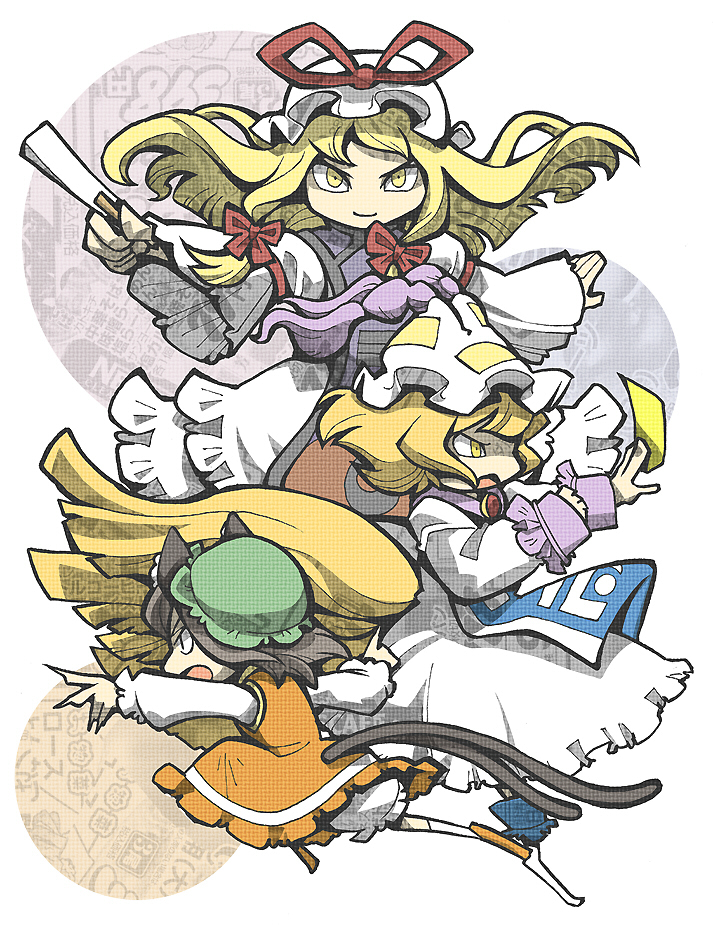 hounori, chen, yakumo ran, yakumo yukari, touhou, 3girls, animal hat, chibi, female focus, fingernails, folded fan, folding fan, hand fan, hat, holding, long fingernails, long hair, long sleeves, looking at viewer, mob cap, multiple girls, shoes, short hair, simple background, socks, tassel, very long hair, white background, wide sleeves, yellow eyes