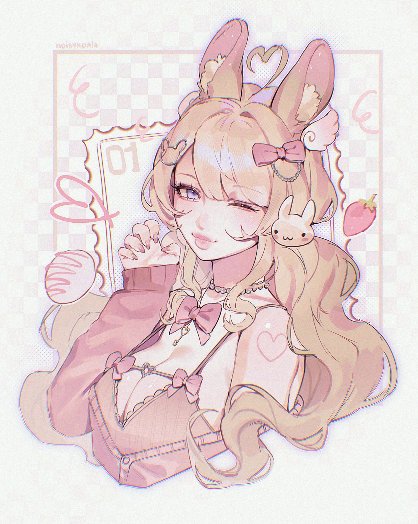 noisykoala, original, commentary, commission, highres, symbol-only commentary, 1girl, ahoge, animal ears, arm markings, artist name, blonde hair, bow, bow camisole, bow necklace, breasts, camisole, car, checkered background, chromatic aberration, claw pose, cleavage, closed mouth, cropped arm, cropped torso, eyelashes, floating food, food, fruit, hair bow, hair ornament, halftone, halftone background, heart, heart ahoge, jewelry, key, key necklace, large breasts, long hair, looking at viewer, mochi, motor vehicle, nail polish, necklace, off-shoulder cardigan, one eye closed, outer glow, outline, outside border, pearl choker, pearl hair ornament, pink bow, pink camisole, pink car, pink nails, pink theme, postage stamp, purple eyes, purple outline, rabbit ears, rabbit girl, rabbit hair ornament, strawberry, swept bangs, thick lips, very long hair, wavy hair, white background, wing hair ornament