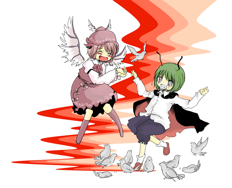 fujikawa (lowname), lowname, mystia lorelei, wriggle nightbug, touhou, bad id, bad pixiv id, 2girls, @ @, ^ ^, antennae, bird, cape, closed eyes, eating, female focus, green hair, multiple girls, pigeon, pink hair, tears, thighhighs, wings