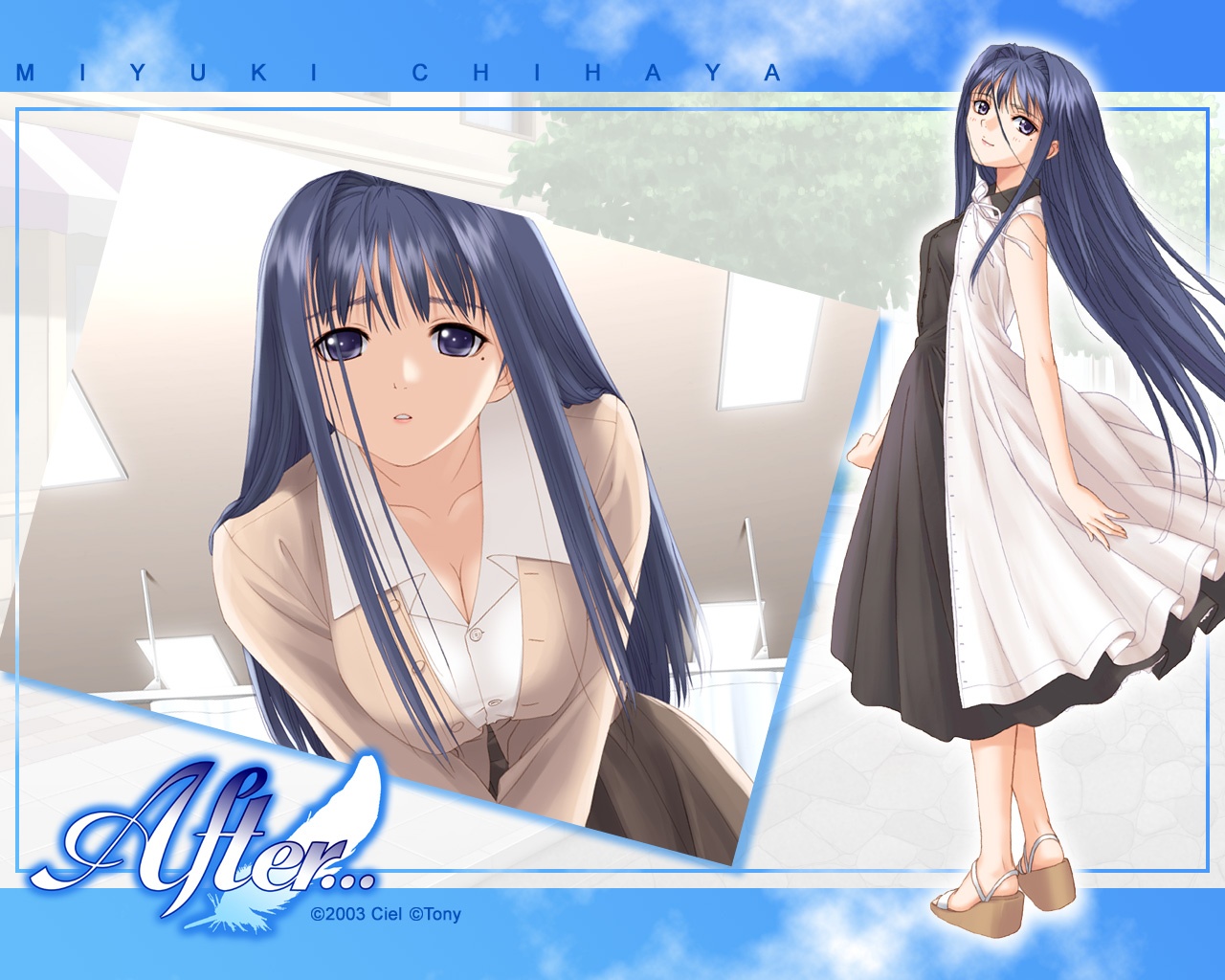 tony taka, chihaya miyuki, after (game), after sweet kiss, framed, lights, official art, official wallpaper, 00s, 1girl, artist name, bent over, black dress, blue eyes, blue hair, blue sky, blush, breasts, buttons, ceiling, character name, cleavage, cloud, copyright name, curtains, dated, downblouse, dress, dual persona, feathers, female focus, from side, hair between eyes, hair intakes, hanging breasts, head tilt, high collar, indoors, large breasts, letterboxed, light smile, long hair, long sleeves, looking at viewer, looking back, matching hair/eyes, mole, mole under eye, outline, parted lips, platform sandals, pov, ribbon, sandals, shirt, sidelocks, skirt, sky, sleeveless, sleeveless dress, smile, solo, standing, sundress, unbuttoned, upper body, v arms, very long hair, white dress, wing collar