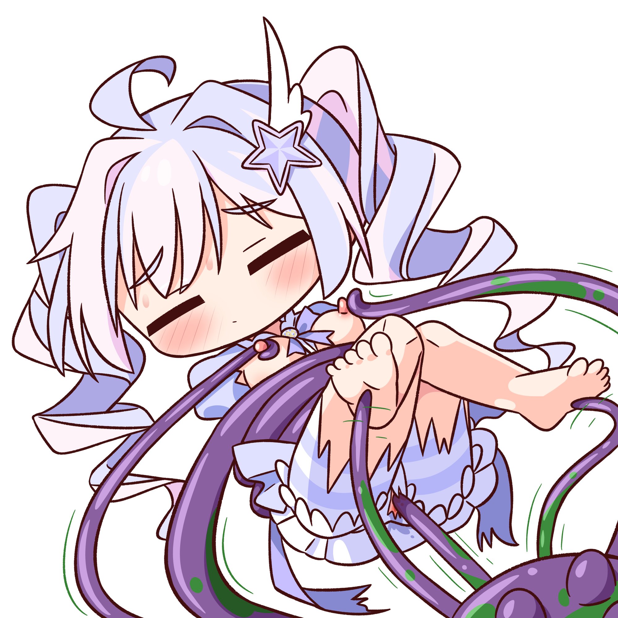 hana kazari, reisa (blue archive), reisa (magical) (blue archive), blue archive, commentary request, highres, 1girl, ahoge, barefoot, blue dress, blush, breasts, closed eyes, closed mouth, dress, full body, halo, long hair, multicolored hair, nipples, official alternate costume, pink hair, pink halo, purple hair, sex, simple background, solo, tentacle sex, tentacles, twintails, two-tone hair, vaginal, white background