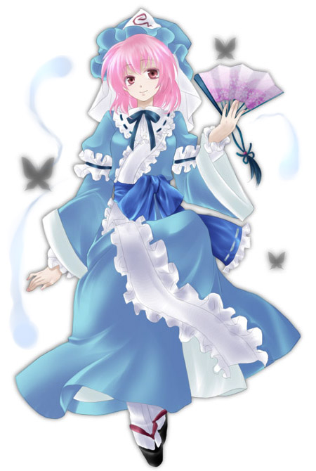 gyokurocha, saigyouji yuyuko, touhou, bad id, bad pixiv id, 1girl, bug, butterfly, clog sandals, female focus, folding fan, hand fan, hat, holding, holding fan, insect, mob cap, pink eyes, pink hair, short hair, solo, tabi