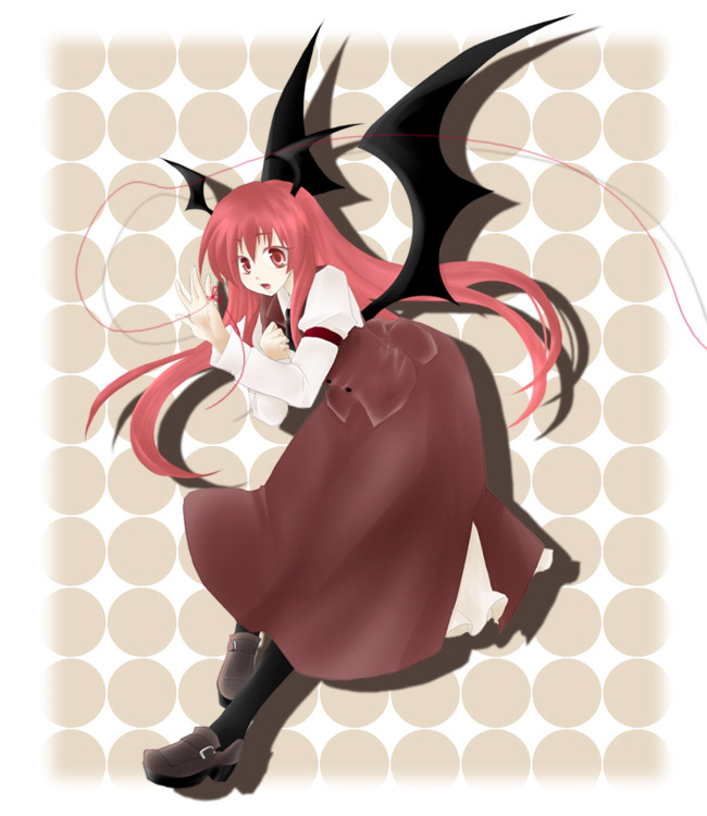gyokurocha, koakuma, embodiment of scarlet devil, touhou, bad id, bad pixiv id, 1girl, bat wings, female focus, full body, head wings, long hair, red eyes, red hair, solo, string, string of fate, wings