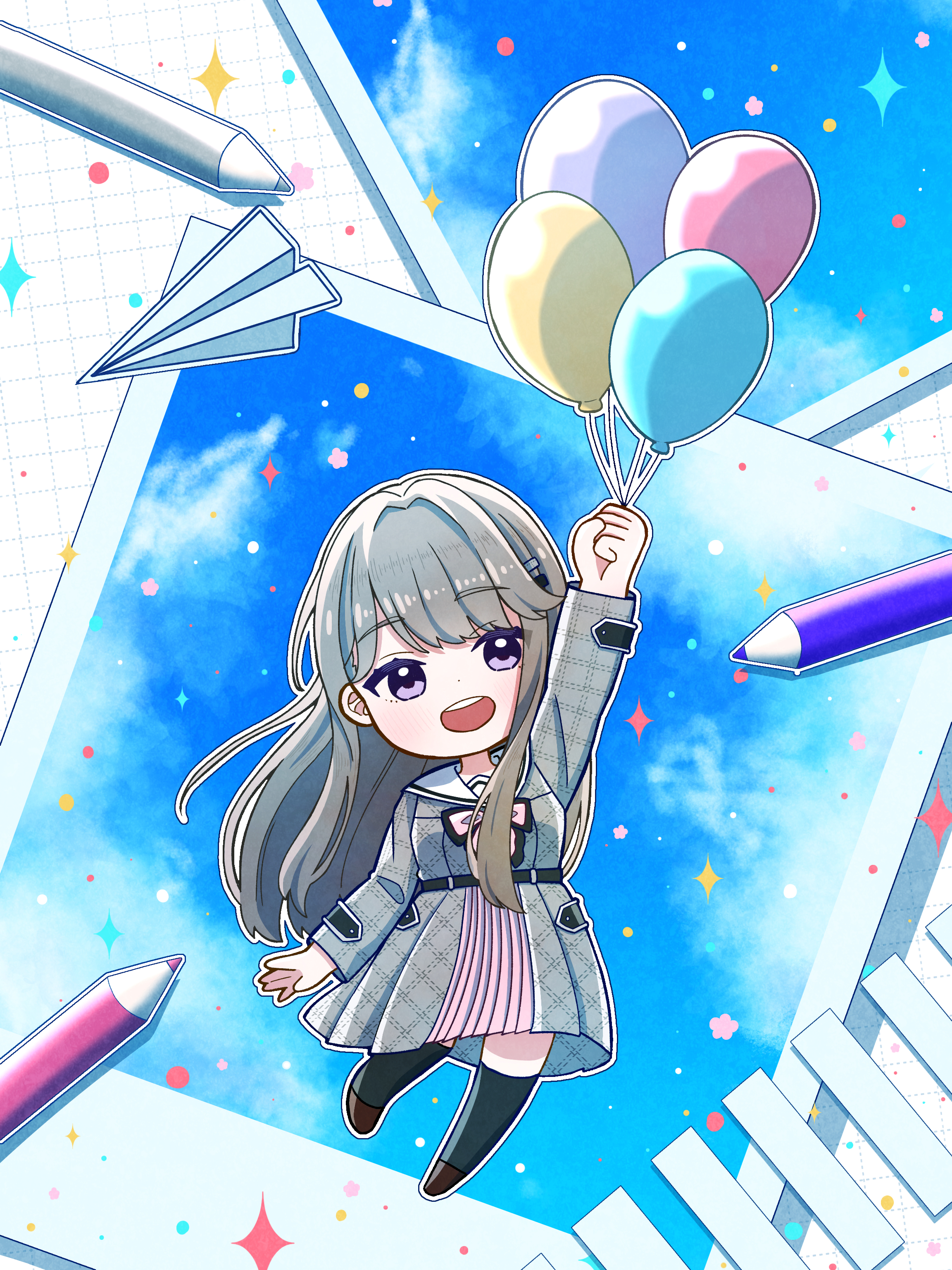 okome (okome l l), fujishima megumi, link! like! love live!, love live!, absurdres, commentary, highres, 1girl, :d, arm up, balloon, black thighhighs, blue sky, bow, bowtie, brown hair, brown shoes, colored pencil, deformed, dress, flying, full body, grey dress, hair ornament, hairclip, holding, holding balloon, josho kiryu (love live!), long hair, long sleeves, looking at viewer, official alternate costume, open mouth, outline, paper airplane, pencil, photo (object), pink bow, pink bowtie, plaid clothes, plaid dress, pleated dress, purple eyes, sailor collar, sailor dress, shoes, sky, smile, solo, teeth, thighhighs, upper teeth only, virtual youtuber, white outline, white sailor collar