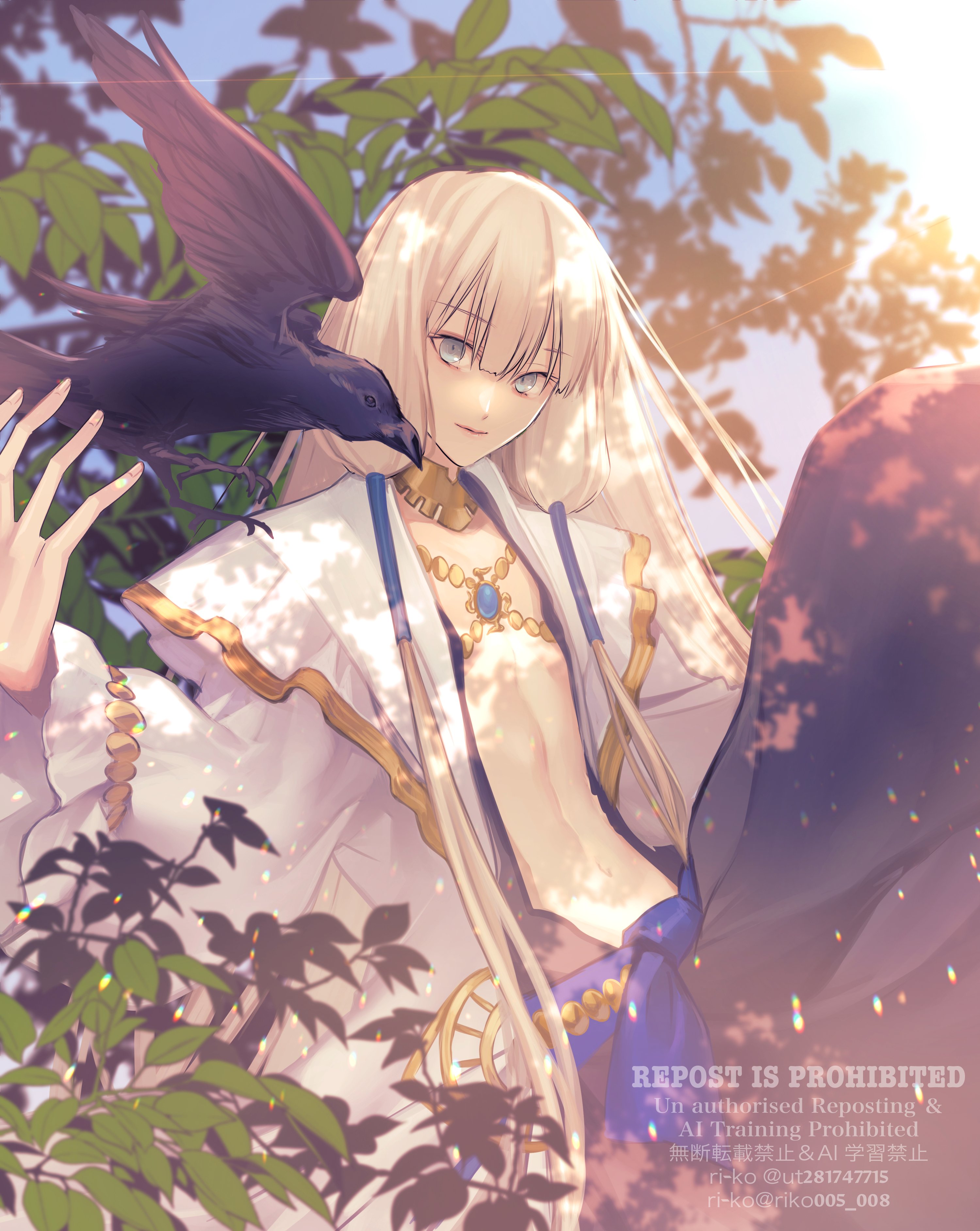 ri-ko, noah (fate), fate/grand order, fate (series), absurdres, highres, 1boy, belly chain, bird, black robe, blonde hair, brooch, crow, gold trim, green eyes, jewelry, long hair, long sleeves, looking at viewer, navel, neck ring, robe, sash, smile, solo, very long hair, white robe