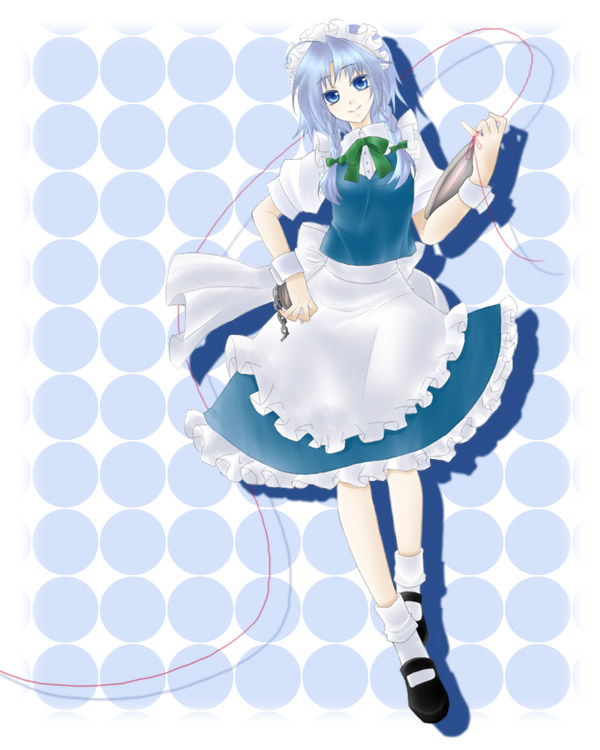 gyokurocha, izayoi sakuya, touhou, silver hair, bad id, bad pixiv id, 1girl, blue eyes, braid, female focus, full body, hairband, maid, pocket watch, short hair, skirt, solo, string, string of fate, tray, twin braids, watch, white background