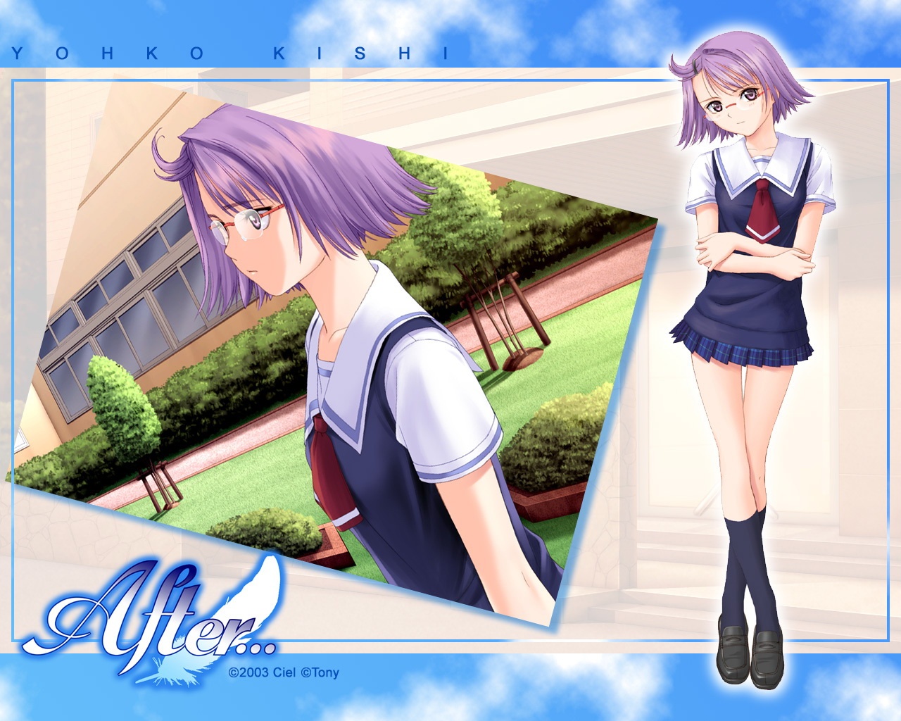 tony taka, kishi youko, after (game), after sweet kiss, 00s, 1girl, dutch angle, glasses, grass, hair ornament, hairclip, kneehighs, legs, loafers, long legs, miniskirt, necktie, plaid clothes, plaid skirt, pleated skirt, purple eyes, purple hair, school uniform, serafuku, shoes, short hair, skirt, socks, standing, sweater, sweater vest, tree