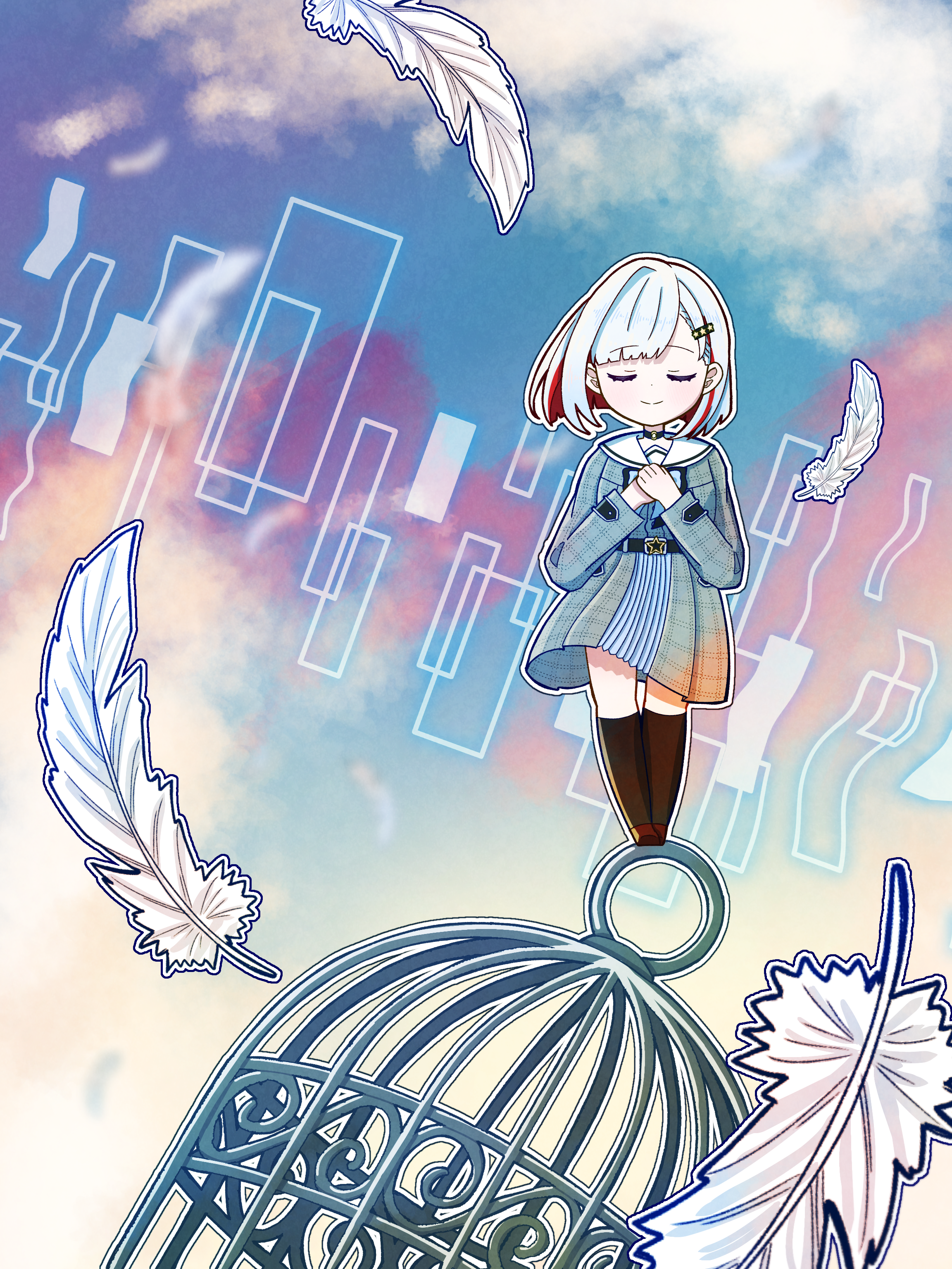 okome (okome l l), yugiri tsuzuri, link! like! love live!, love live!, absurdres, commentary, highres, 1girl, birdcage, birdcage (love live!), black choker, black socks, blue sky, bob cut, cage, choker, closed eyes, closed mouth, colored inner hair, diagonal bangs, dress, facing viewer, falling feathers, feathers, full body, grey dress, grey hair, hair ornament, hairclip, hands on own chest, inverted bob, kneehighs, medium dress, multicolored hair, o-ring, o-ring choker, pleated dress, red hair, sailor collar, sailor dress, short hair, single hair intake, sky, smile, socks, solo, split mouth, standing, star (symbol), star hair ornament, streaked hair, two-tone hair, u u, virtual youtuber, w arms, white sailor collar