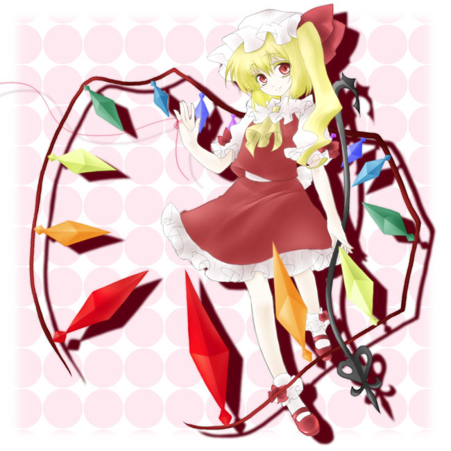gyokurocha, flandre scarlet, touhou, bad id, bad pixiv id, 1girl, blonde hair, female focus, hat, one side up, ponytail, red eyes, short hair, side ponytail, solo, string, string of fate, wings