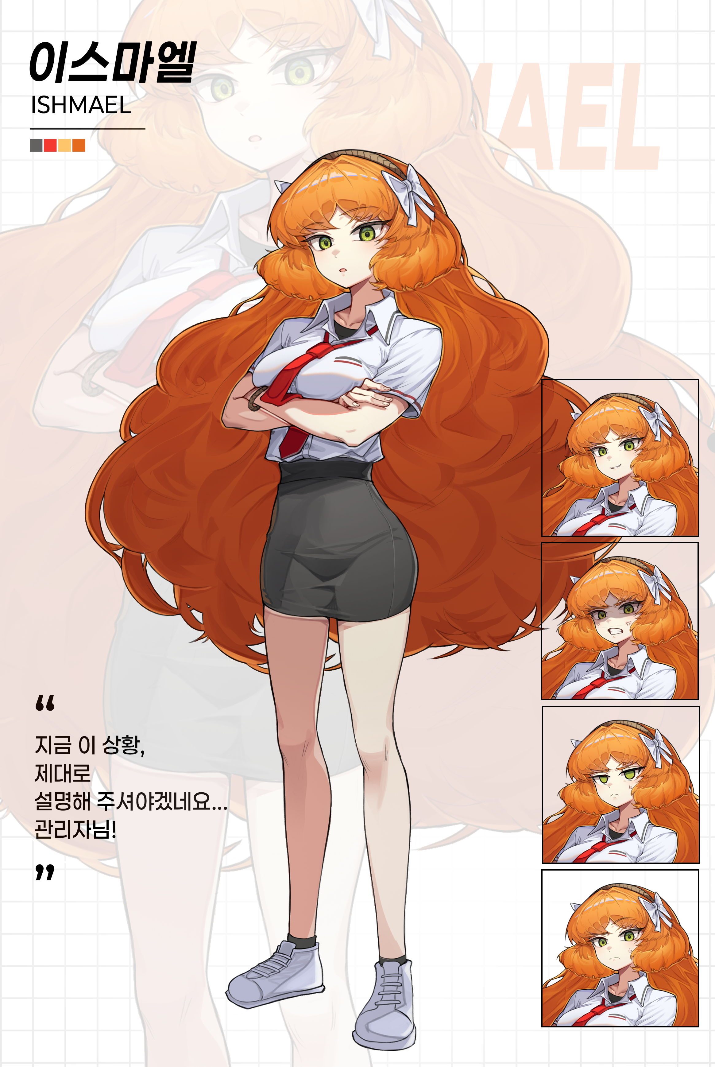 jeehyung seo, ishmael (project moon), limbus company, project moon, absurdres, highres, translation request, 1girl, alternate costume, black socks, breasts, crossed arms, green eyes, grey skirt, korean text, large breasts, long hair, looking at viewer, necktie, orange hair, red necktie, school uniform, shirt, shoes, skirt, socks, thighs, white shirt, white shoes