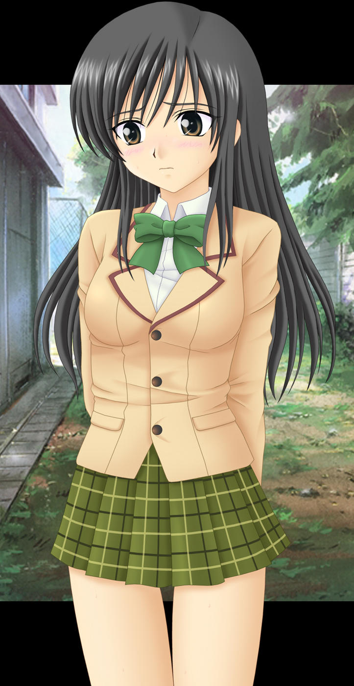 kotegawa yui, to love-ru, highres, 00s, black hair, blush, brown eyes, long hair, ribbon, school uniform, skirt