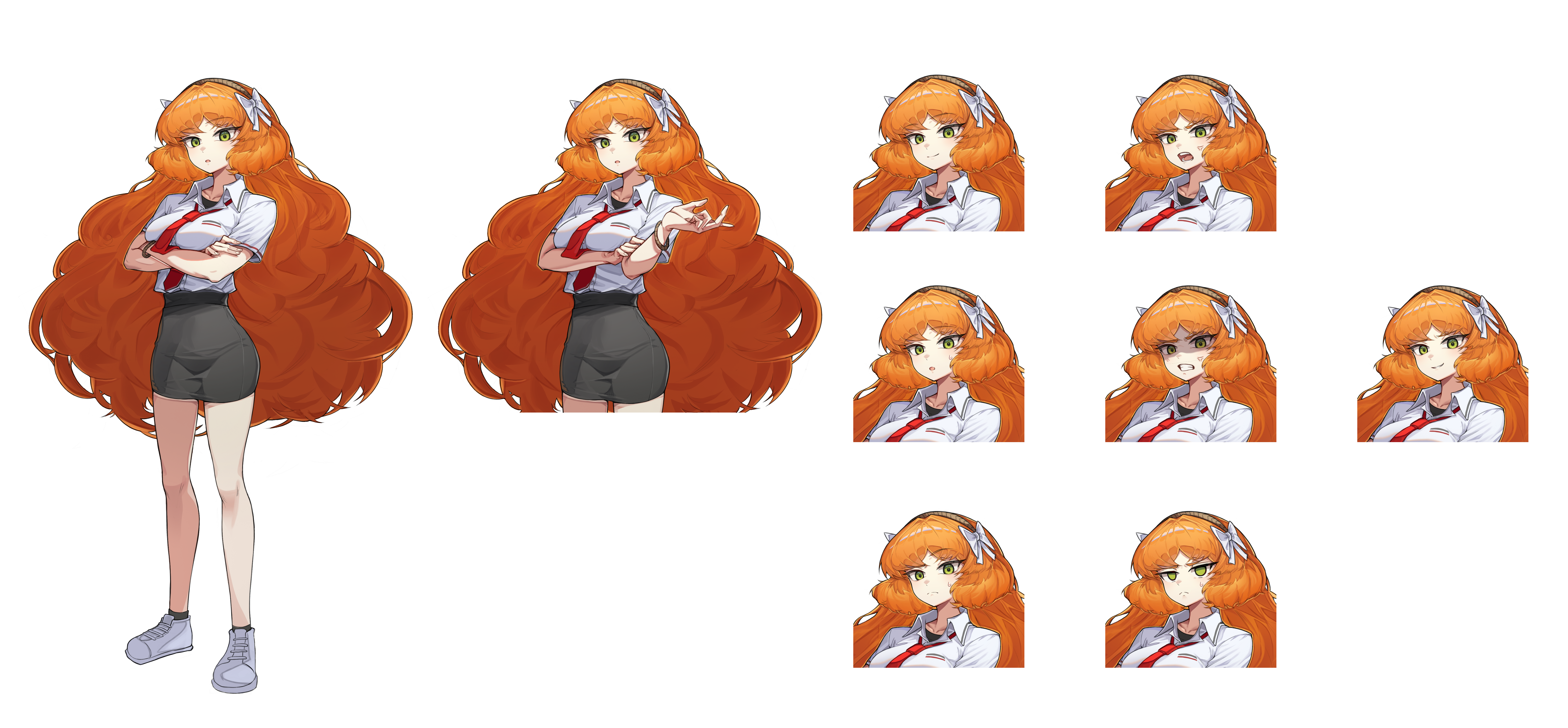 jeehyung seo, ishmael (project moon), limbus company, project moon, absurdres, highres, 1girl, alternate costume, black socks, breasts, crossed arms, green eyes, grey skirt, large breasts, long hair, looking at viewer, necktie, orange hair, red necktie, school uniform, shirt, shoes, skirt, socks, thighs, white shirt, white shoes