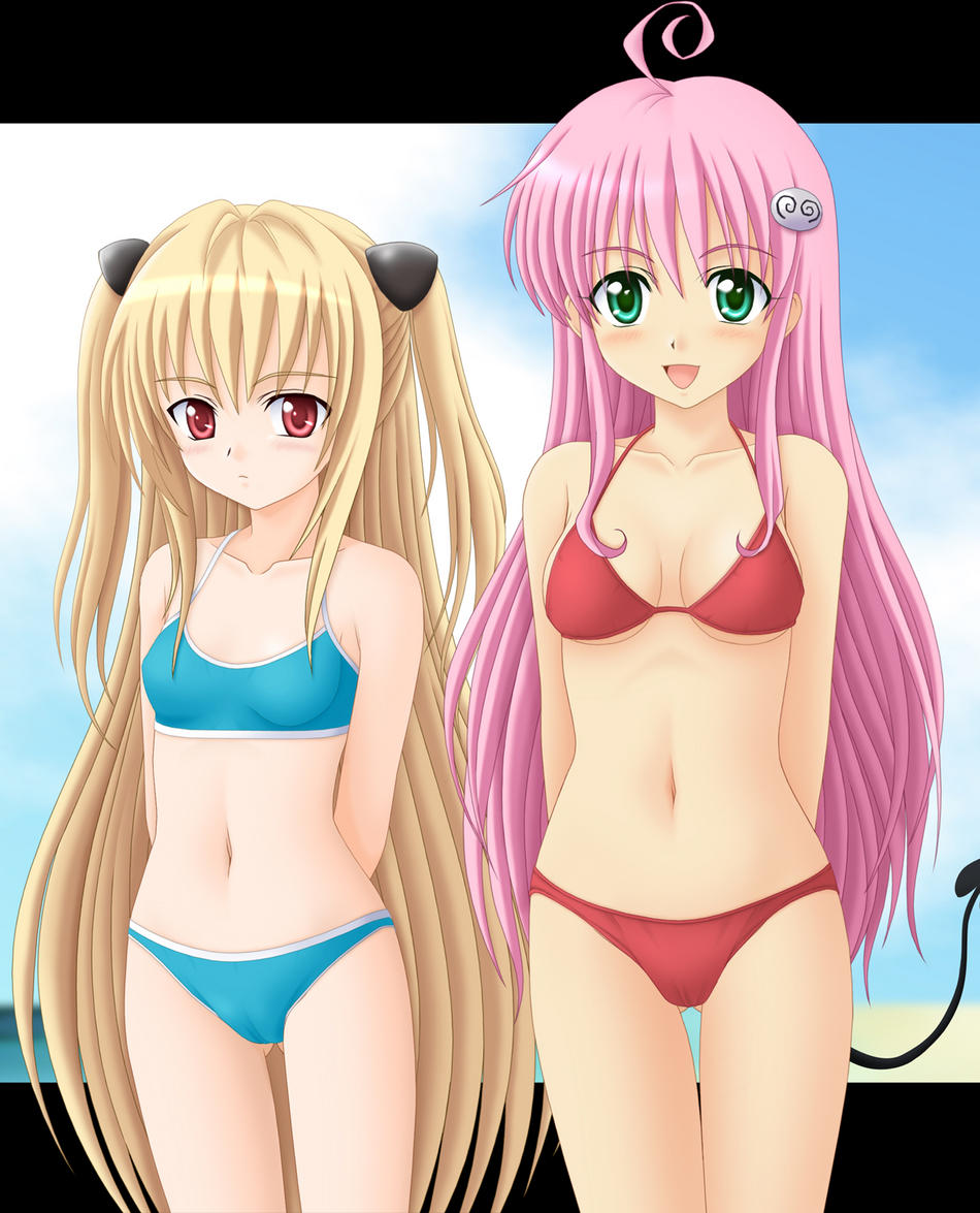 konjiki no yami, lala satalin deviluke, to love-ru, 00s, 2girls, bikini, blonde hair, green eyes, long hair, multiple girls, navel, open mouth, pink hair, red eyes, swimsuit