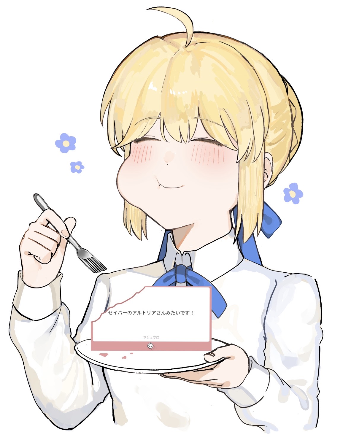 nyokinyoki 18, artoria pendragon (fate), saber (fate), fate/stay night, fate (series), highres, 1girl, ahoge, blonde hair, blue ribbon, blush, braid, breasts, closed eyes, collared shirt, eating, fork, hair bun, hair ribbon, long hair, long sleeves, neck ribbon, plate, ribbon, shirt, sidelocks, small breasts, smile, solo, white shirt