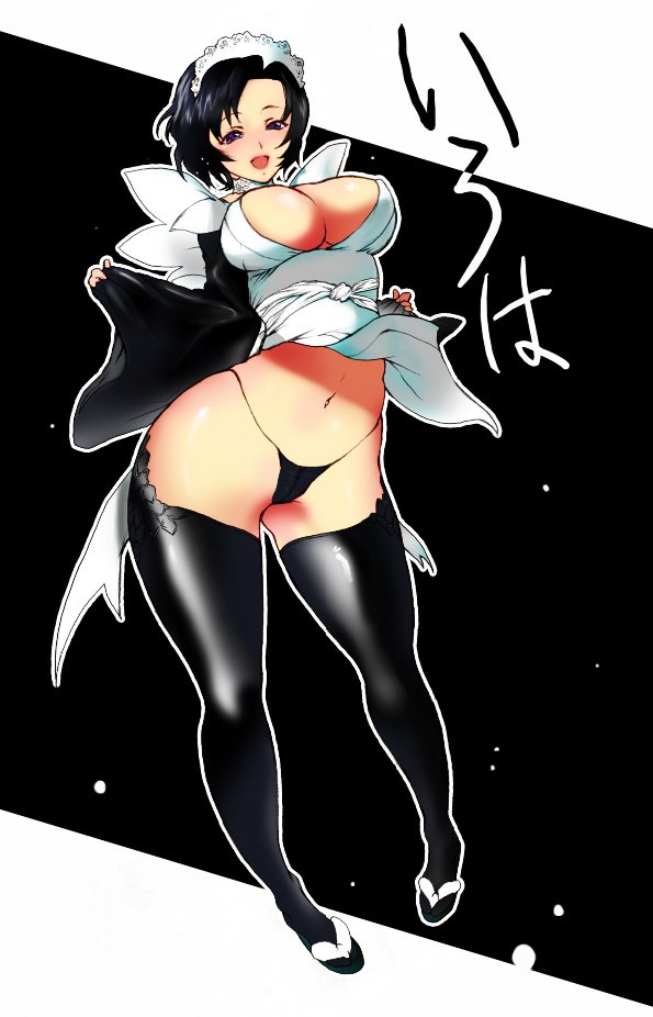 iroha (samurai spirits), samurai spirits, 1girl, apron, black thighhighs, blush, breasts, cleavage, clothes lift, curvy, hip focus, legs, maid, maid apron, maid headdress, naughty face, short hair, skirt, skirt lift, thighhighs, wide hips