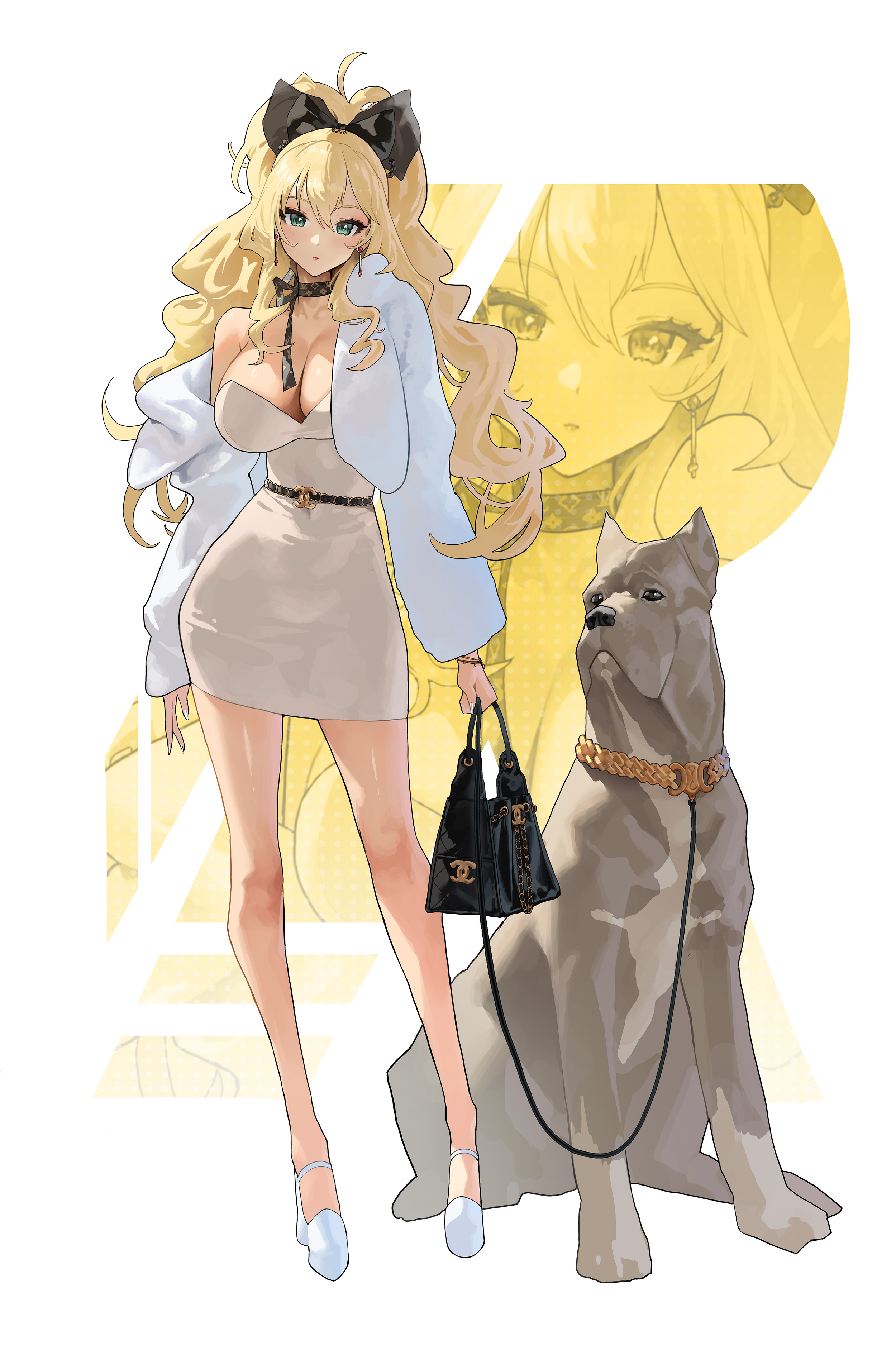 migu (iws2525), rupee (nikke), goddess of victory: nikke, absurdres, commentary, highres, 1girl, animal ears, bag, bare shoulders, belt, black bag, black belt, black bow, black choker, black ribbon, blonde hair, bow, breasts, choker, cleavage, dog, dress, earrings, full body, green eyes, grey dress, hair bow, holding, holding bag, jacket, jewelry, large breasts, leash, legs, long hair, long sleeves, looking at viewer, off shoulder, ribbon, ribbon choker, shoes, standing, white background, white jacket, white shoes, zoom layer