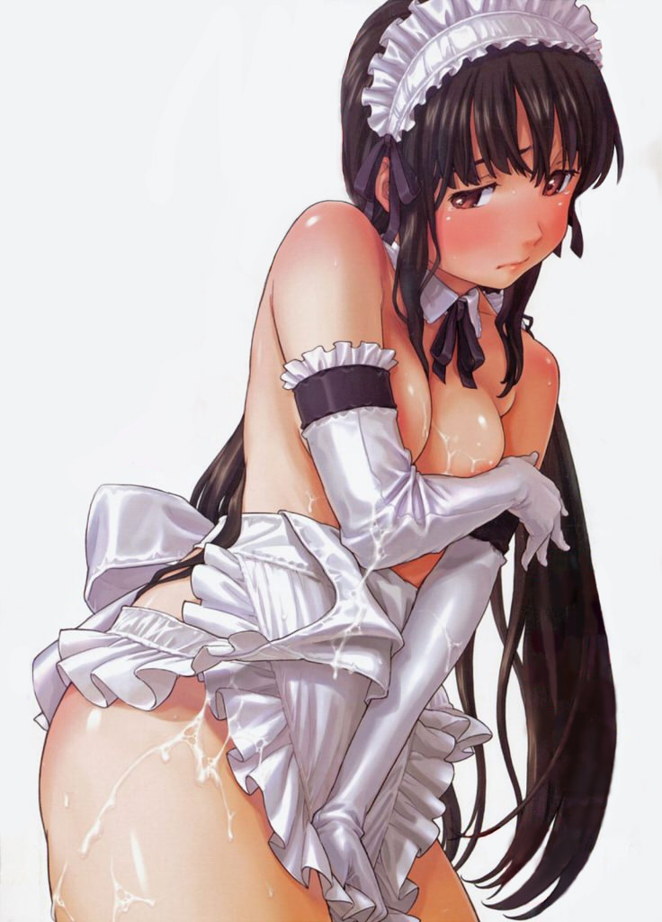 naruko hanaharu, shoujo material, breast hold, scan, 1girl, apron, black hair, breasts, covering breasts, covering crotch, covering privates, cum, cum on body, cum on breasts, cum on clothes, cum on lower body, cum on upper body, detached collar, eyebrows hidden by hair, female focus, gloves, long hair, maid, maid apron, naked apron, simple background, solo, topless female, very long hair, white background