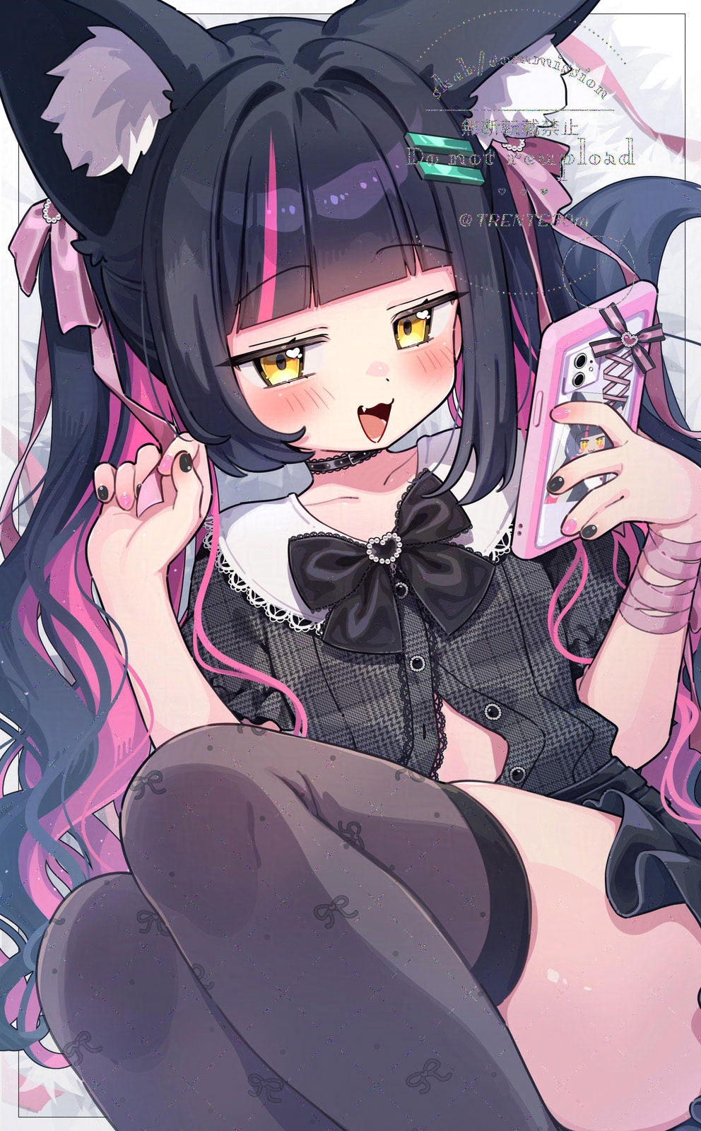 trente, hino hinoki, indie virtual youtuber, commentary request, commission, highres, skeb commission, 1girl, animal ear fluff, animal ears, bandaged arm, bandages, black bow, black bowtie, black choker, black nails, black shirt, black skirt, black thighhighs, blue hair, bow, bowtie, cellphone, choker, flat chest, fox ears, fox girl, fox tail, hair ornament, hair ribbon, hairclip, heart, heart in eye, holding, holding phone, looking at viewer, multicolored hair, multicolored nails, open mouth, partially unbuttoned, phone, pink hair, pink nails, pink ribbon, ribbon, shirt, skindentation, skirt, smartphone, smile, solo, symbol in eye, tail, thighhighs, twintails, two-tone hair, virtual youtuber, watermark, yellow eyes
