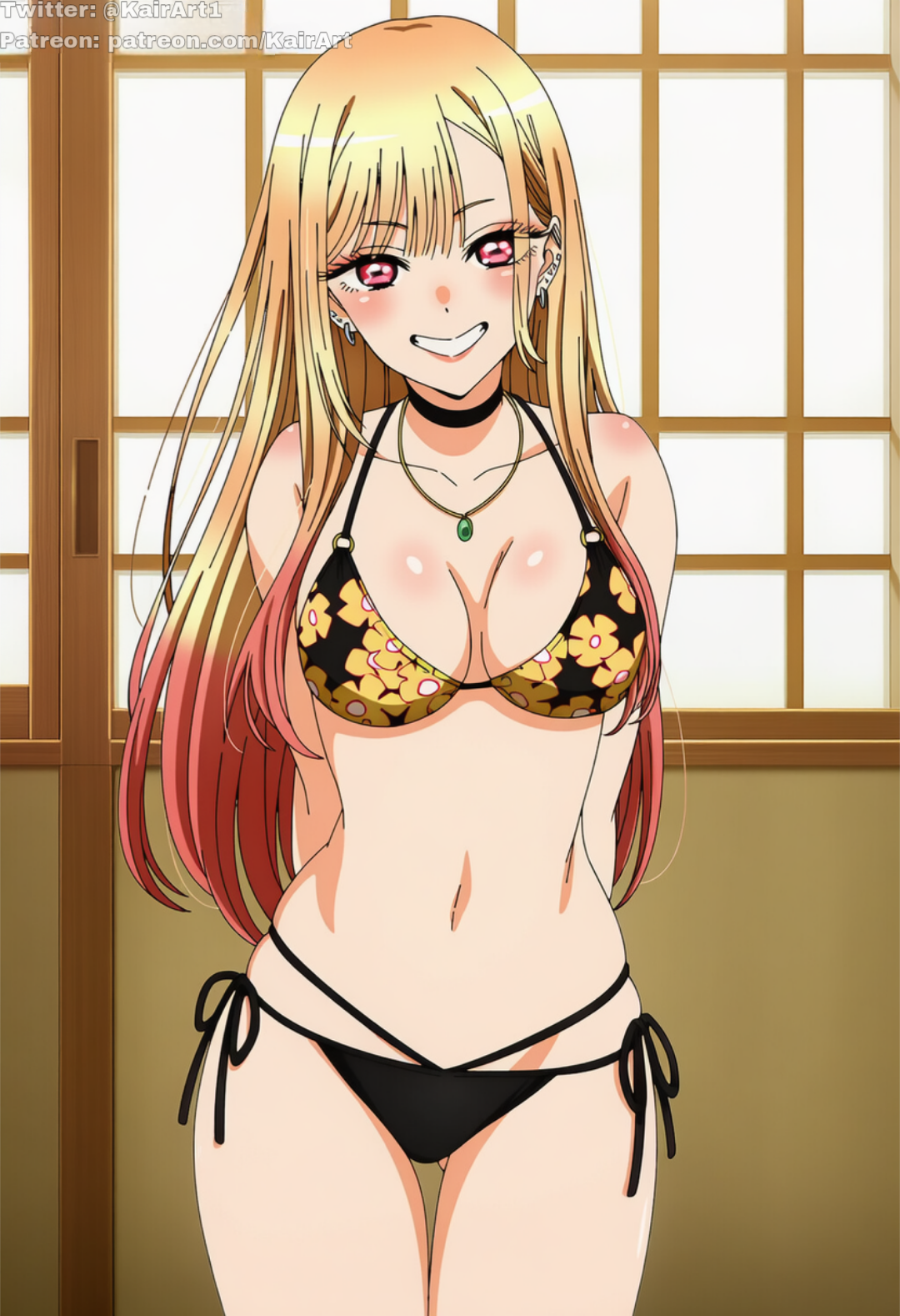 kairart, kitagawa marin, sono bisque doll wa koi wo suru, highres, non-web source, third-party edit, 1girl, artist name, bikini, breasts, cowboy shot, grin, medium breasts, navel, patreon username, smile, solo, standing, swimsuit, twitter username