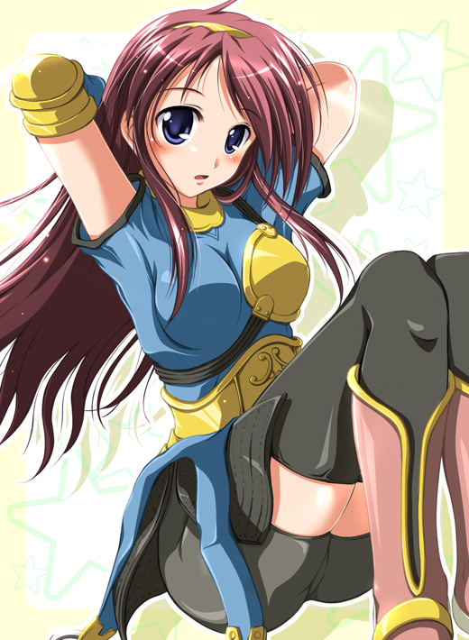 na! (na'mr), archer (ragnarok online), ragnarok online, bad id, bad pixiv id, armor, bike shorts, black thighhighs, blue eyes, boots, breastplate, hairband, pink hair, sitting, solo, thighhighs, zettai ryouiki