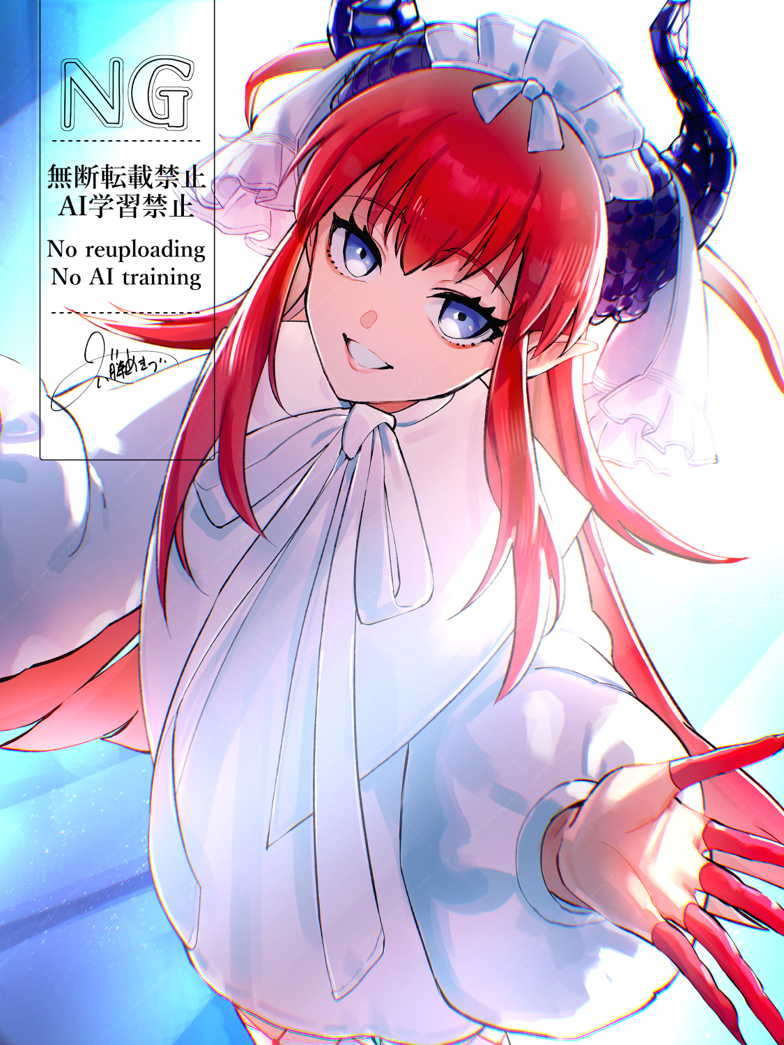 rokufuji m, elizabeth bathory (fate), fate/grand order, fate (series), highres, 1girl, backlighting, blue eyes, breasts, curled horns, dragon horns, dress, elizabeth bathory (avenger) (fate), fishnet pantyhose, fishnets, grin, hair ribbon, horns, long hair, long sleeves, looking at viewer, pantyhose, red hair, ribbon, small breasts, smile, solo, two side up, veil, white dress