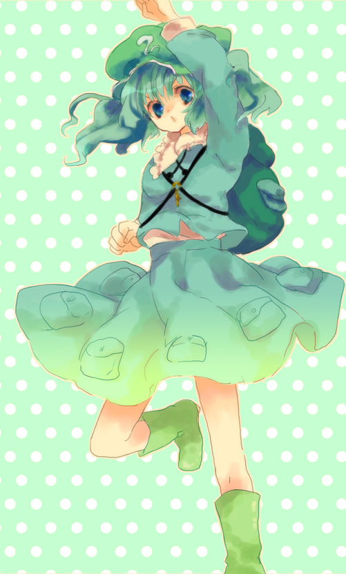 yukirar, kawashiro nitori, touhou, bad id, bad pixiv id, 1girl, backpack, bag, blue eyes, blue hair, female focus, hat, matching hair/eyes, randoseru, short hair, solo, twintails, two side up