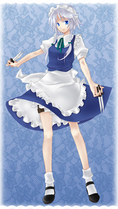gyokurocha, izayoi sakuya, touhou, silver hair, bad id, bad pixiv id, 1girl, blue eyes, braid, dress, female focus, full body, gradient background, hairband, knife, maid, short hair, solo, twin braids