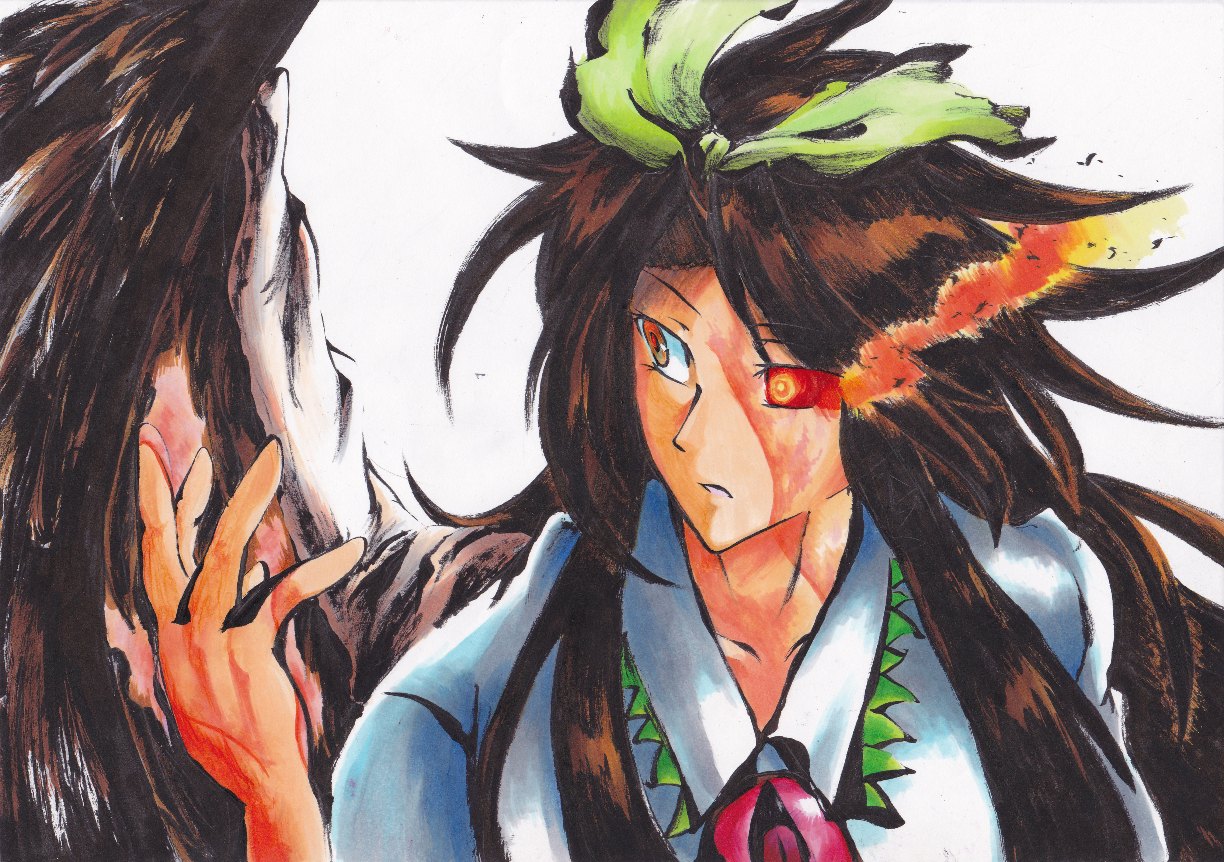 nakatada tsugumi, reiuji utsuho, touhou, traditional media, 1girl, brown hair, female focus, fire, hair ribbon, red eyes, ribbon, solo, upper body, white background, wings