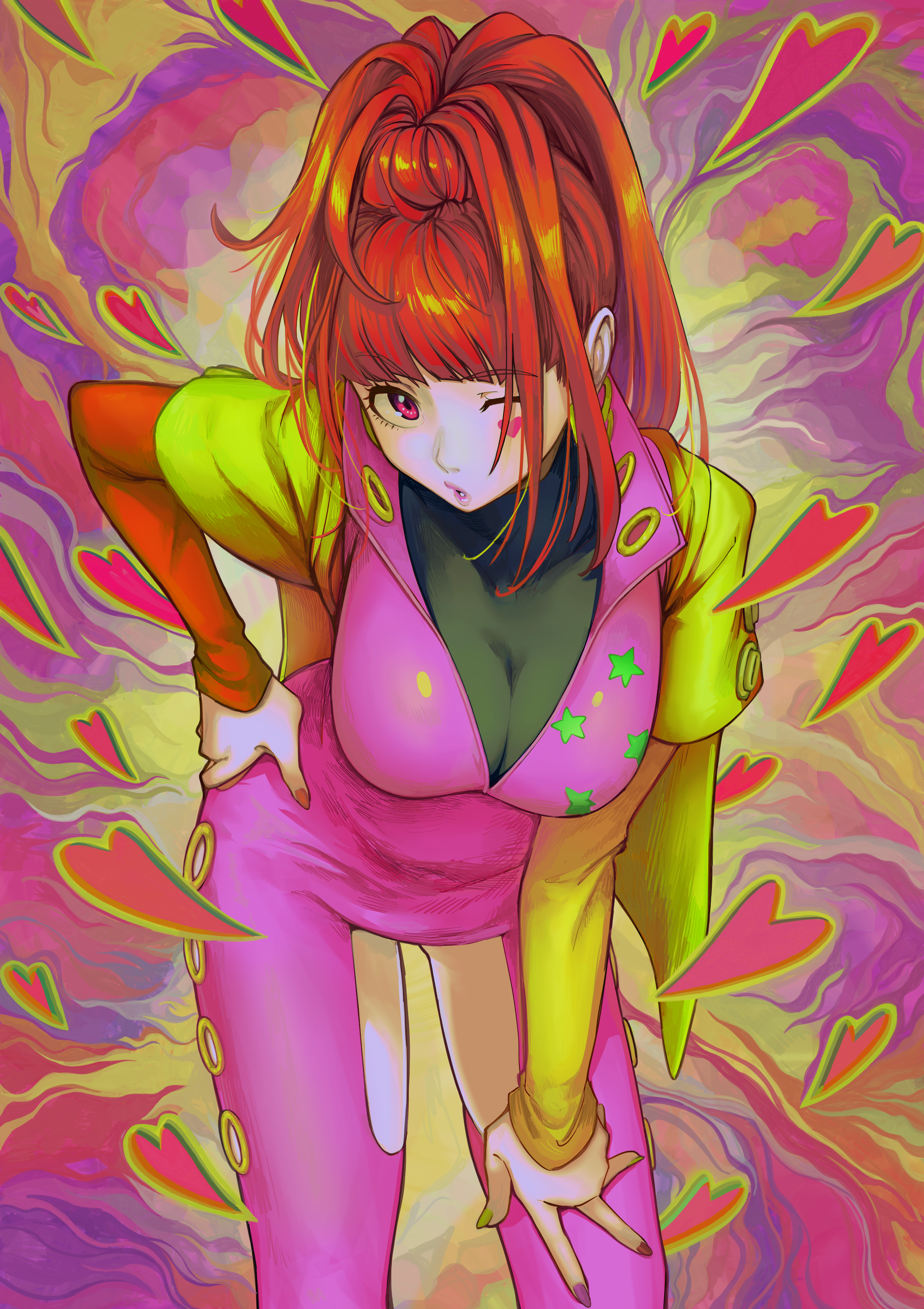 sabiiiii, sq (gnosia), gnosia, absurdres, highres, 1girl, asymmetrical sleeves, bent over, blunt bangs, bodysuit, braid, breasts, cowboy shot, facial mark, hand on own hip, heart, heart facial mark, high ponytail, large breasts, layered sleeves, long sleeves, nail polish, one eye closed, orange nails, orange sleeves, pink bodysuit, ponytail, ponytail with braided base, red eyes, red hair, short over long sleeves, short sleeves, skin tight, solo, standing, yellow sleeves